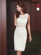 XS-Lサイズあり【SETTAN/セッタン】フラワー刺繍/ レース/ ウエストリボン/ ノースリーブ/ Vネック/ 膝丈/ タイト/ ミディアムドレス/ キャバドレス[OF2]