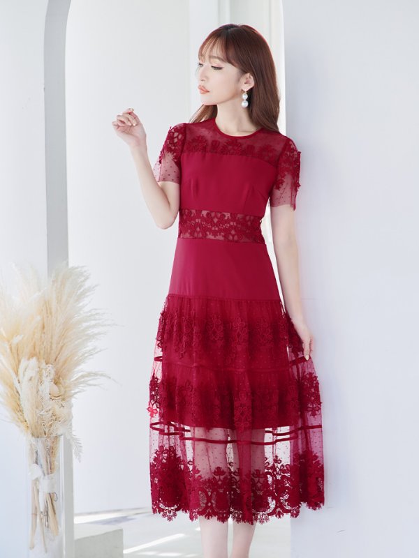 画像4: 【ERUKEI エルケイ】フラワーレース/ シアー/ 半袖/ 袖あり/ 膝丈/ フレア/ ミディアム/ マキシ丈/ワンピース/ キャバドレス[OF2]