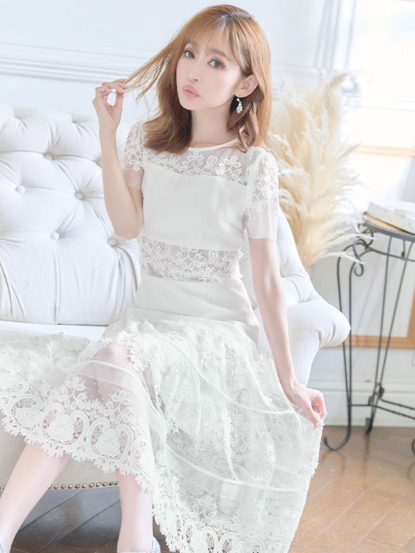 画像13: 【ERUKEI エルケイ】フラワーレース/ シアー/ 半袖/ 袖あり/ 膝丈/ フレア/ ミディアム/ マキシ丈/ワンピース/ キャバドレス[OF2]