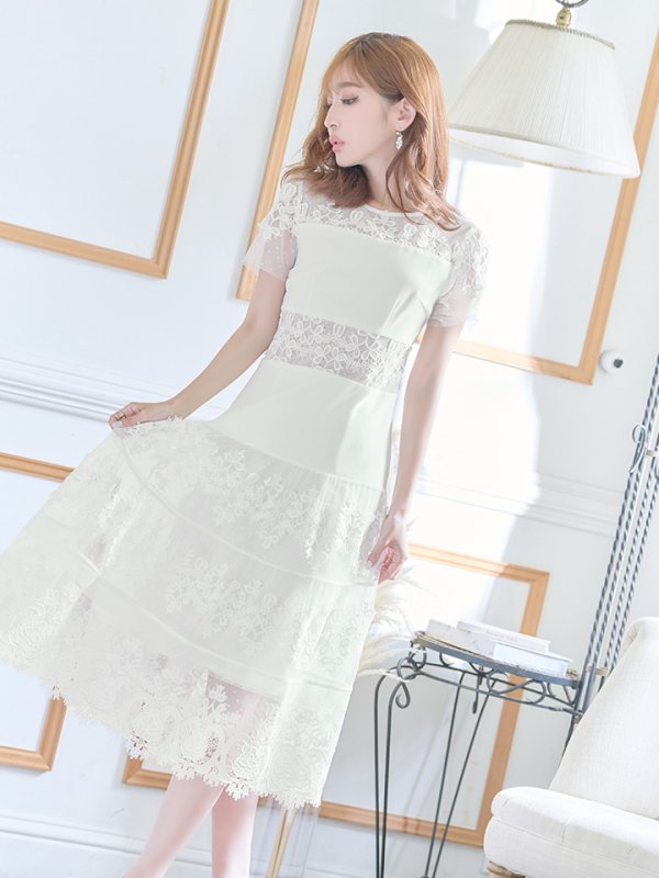 画像14: 【ERUKEI エルケイ】フラワーレース/ シアー/ 半袖/ 袖あり/ 膝丈/ フレア/ ミディアム/ マキシ丈/ワンピース/ キャバドレス[OF2]