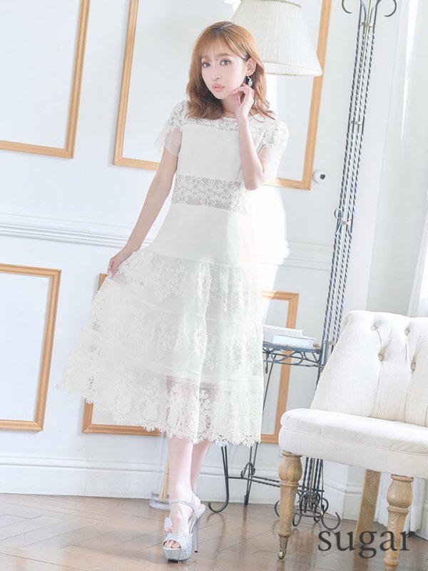 画像16: 【ERUKEI エルケイ】フラワーレース/ シアー/ 半袖/ 袖あり/ 膝丈/ フレア/ ミディアム/ マキシ丈/ワンピース/ キャバドレス[OF2]