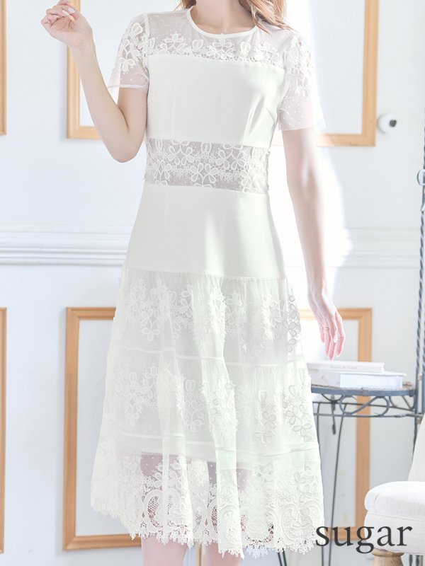 画像17: 【ERUKEI エルケイ】フラワーレース/ シアー/ 半袖/ 袖あり/ 膝丈/ フレア/ ミディアム/ マキシ丈/ワンピース/ キャバドレス[OF2]