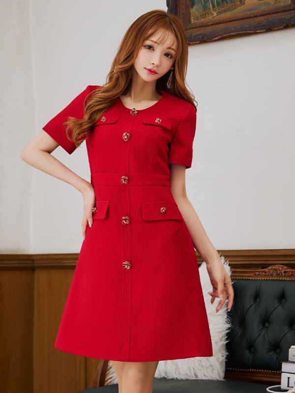 画像23: XS-Lサイズあり【ERUKEI エルケイ】ボタン/ Aライン/ 半袖/ 台形スカート/ フレア/ ワンピース/ ミニドレス/ キャバドレス[OF2]