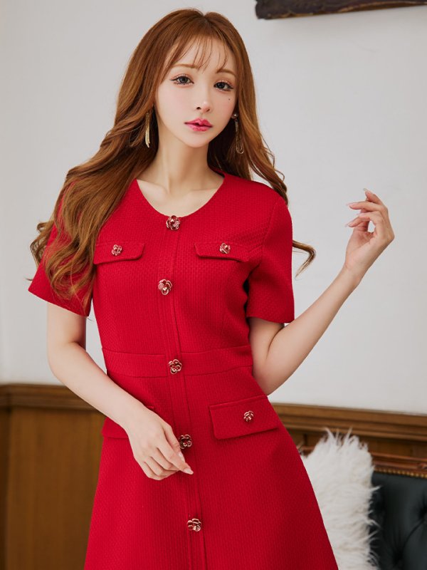 画像26: XS-Lサイズあり【ERUKEI エルケイ】ボタン/ Aライン/ 半袖/ 台形スカート/ フレア/ ワンピース/ ミニドレス/ キャバドレス[OF2]