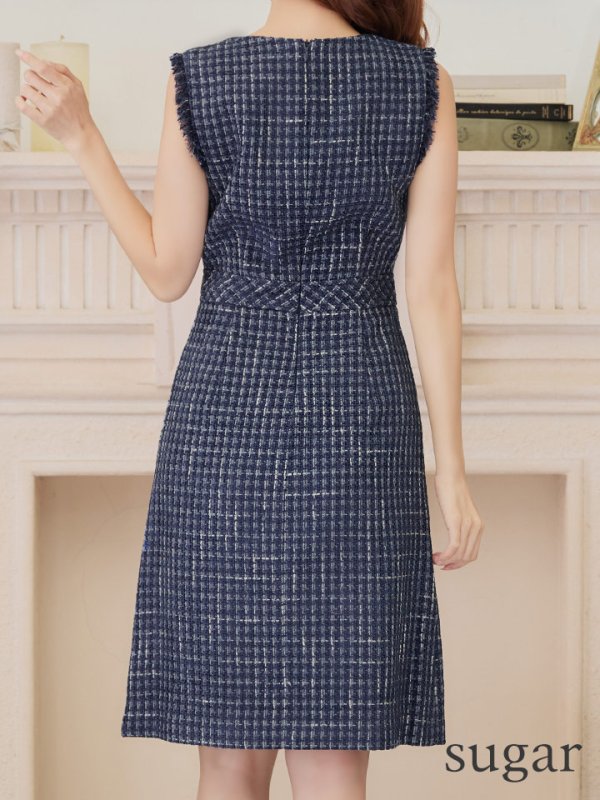 画像11: XS-Lサイズあり【ERUKEI エルケイ】 ツイード/ ノースリーブ/ Aライン/ ワンピース/ ひざ丈/ ミディアムドレス/ キャバドレス[OF2]