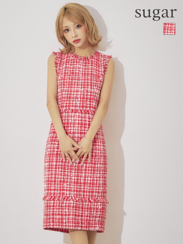 門りょうちゃん着用【XS-Lサイズあり】【ERUKEI エルケイ】ツイード/ フリンジ/ ノースリーブ/ タイト/ ワンピース/ ミディアムドレス/ キャバドレス レッド