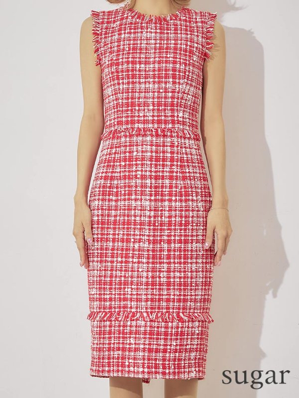 画像13: 門りょうちゃん着用【XS-Lサイズあり】【ERUKEI エルケイ】ツイード/ フリンジ/ ノースリーブ/ タイト/ ワンピース/ ミディアムドレス/ キャバドレス[OF2]