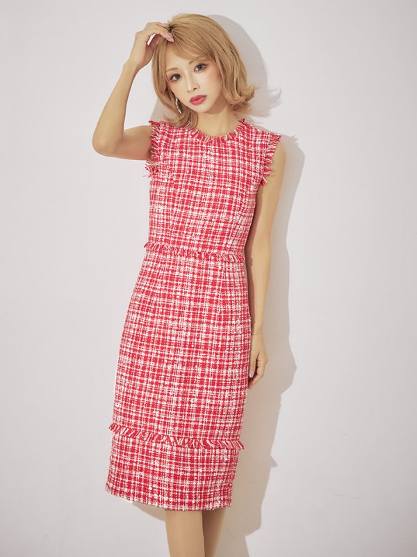 画像4: 門りょうちゃん着用【XS-Lサイズあり】【ERUKEI エルケイ】ツイード/ フリンジ/ ノースリーブ/ タイト/ ワンピース/ ミディアムドレス/ キャバドレス[OF2]