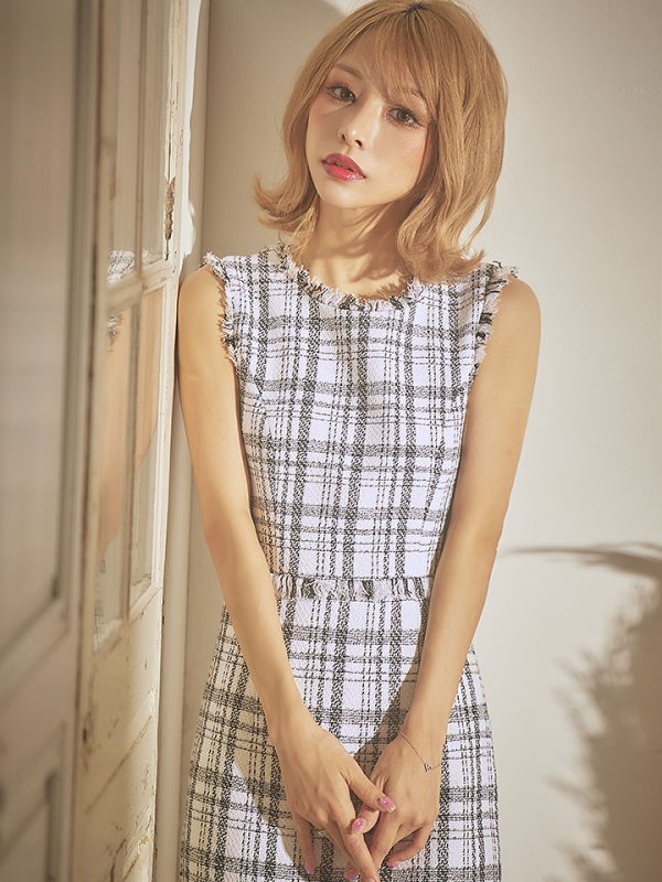 画像10: 門りょうちゃん着用【XS-Lサイズあり】【ERUKEI エルケイ】ツイード/ チェック/ ノースリーブ/ フリンジ/ タイト/ ワンピース/ ミディアムドレス/ キャバドレス[OF2]