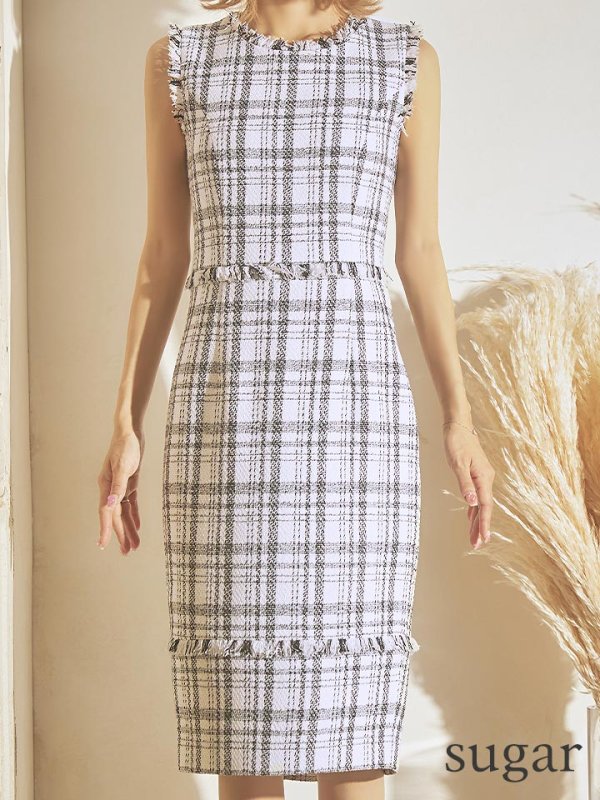 画像13: 門りょうちゃん着用【XS-Lサイズあり】【ERUKEI エルケイ】ツイード/ チェック/ ノースリーブ/ フリンジ/ タイト/ ワンピース/ ミディアムドレス/ キャバドレス[OF2]