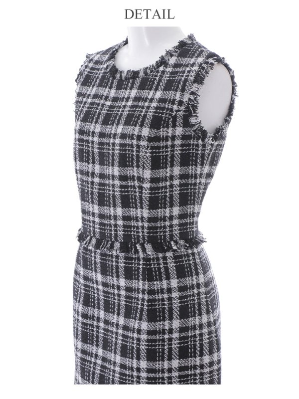 画像16: 門りょうちゃん着用【XS-Lサイズあり】【ERUKEI エルケイ】ツイード/ チェック/ ノースリーブ/ フリンジ/ タイト/ ワンピース/ ミディアムドレス/ キャバドレス[OF2]