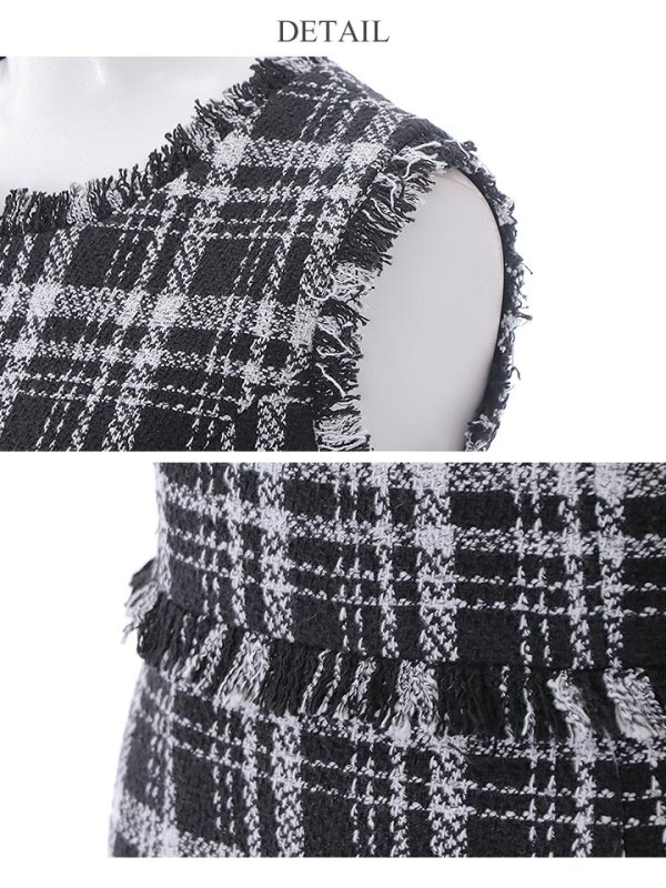 画像17: 門りょうちゃん着用【XS-Lサイズあり】【ERUKEI エルケイ】ツイード/ チェック/ ノースリーブ/ フリンジ/ タイト/ ワンピース/ ミディアムドレス/ キャバドレス[OF2]
