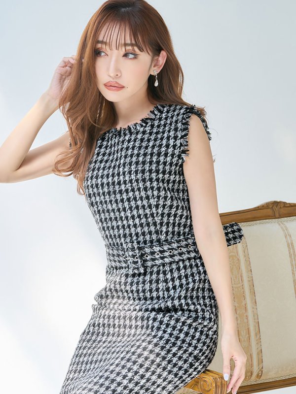 画像6: XS-Lサイズあり【ERUKEI エルケイ】チェックツイード/ ノースリーブ/ ベルト付き/ ひざ丈/ ミディアム/ タイト/ ワンピース/ キャバドレス[OF2]