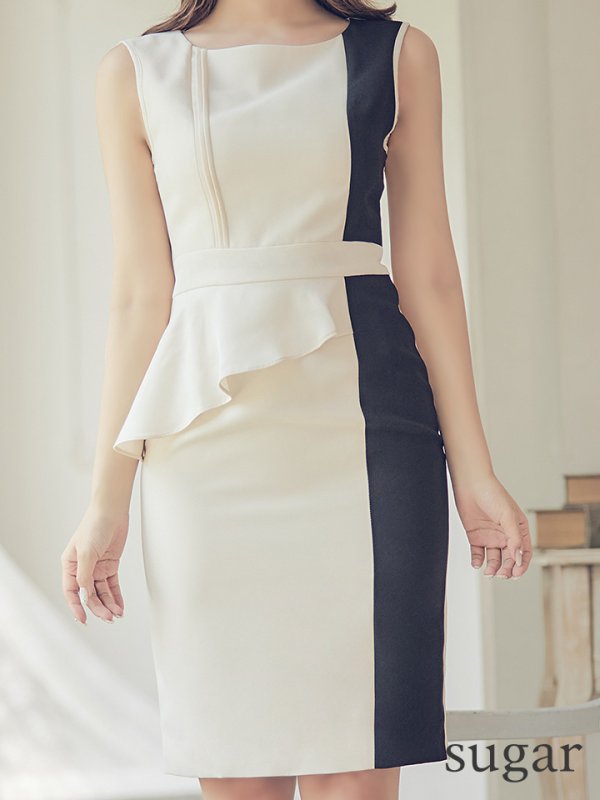 画像17: 【ERUKEI エルケイ】ペプラム風 /バイカラー/ ノースリーブ/ ワンピース/ タイト/ ミディアム丈/ キャバドレス[OF2]