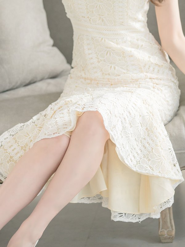 画像16: 【ERUKEI エルケイ】マーメイド/ ミディアム/ ワンピース/ ミモレ丈/ ケミカルレース/ ノースリーブ/ タイト/ キャバドレス[OF2]