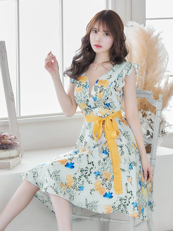 画像4: XS-Lサイズあり【ERUKEI エルケイ】ワンピース/ リボンベルト/ フラワープリント/ フリル/ Aライン/ フレア/ミディアム丈/ キャバドレス[OF2]