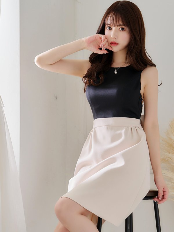 画像4: XS-Lサイズあり【SETTAN/セッタン】ワンピース/ バックリボン/ノースリーブ/ Aライン/ バイカラー/ ミディアム丈/ ひざ丈/ キャバドレス[OF2]