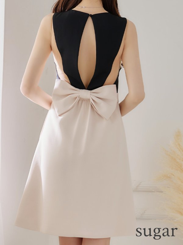 画像9: XS-Lサイズあり【SETTAN/セッタン】ワンピース/ バックリボン/ノースリーブ/ Aライン/ バイカラー/ ミディアム丈/ ひざ丈/ キャバドレス[OF2]