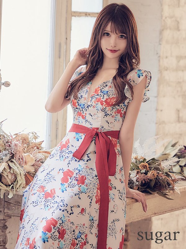 画像10: XS-Lサイズあり【ERUKEI エルケイ】ワンピース/ フラワープリント/ フリル/ リボンベルト/ Aライン/ マキシ丈/ キャバドレス[OF2]