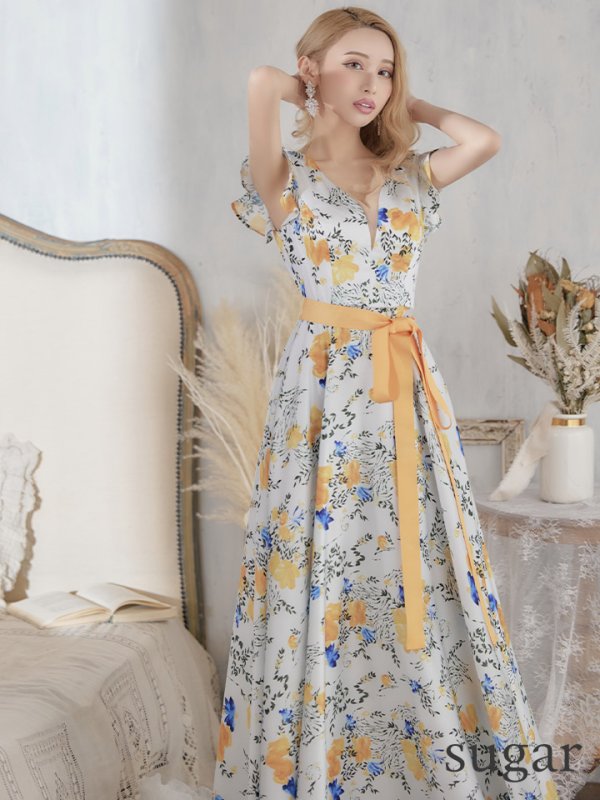 画像3: XS-Lサイズあり【ERUKEI エルケイ】ワンピース/ フラワープリント/ フリル/ リボンベルト/ Aライン/ マキシ丈/ キャバドレス[OF2]