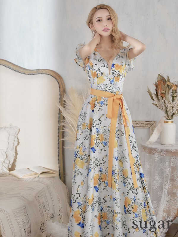 画像5: XS-Lサイズあり【ERUKEI エルケイ】ワンピース/ フラワープリント/ フリル/ リボンベルト/ Aライン/ マキシ丈/ キャバドレス[OF2]