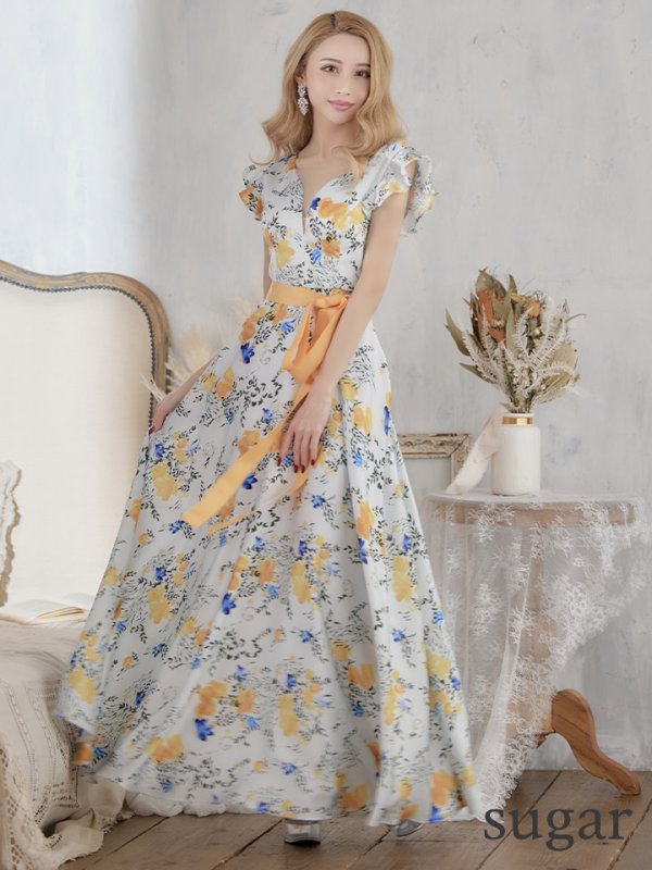 画像7: XS-Lサイズあり【ERUKEI エルケイ】ワンピース/ フラワープリント/ フリル/ リボンベルト/ Aライン/ マキシ丈/ キャバドレス[OF2]