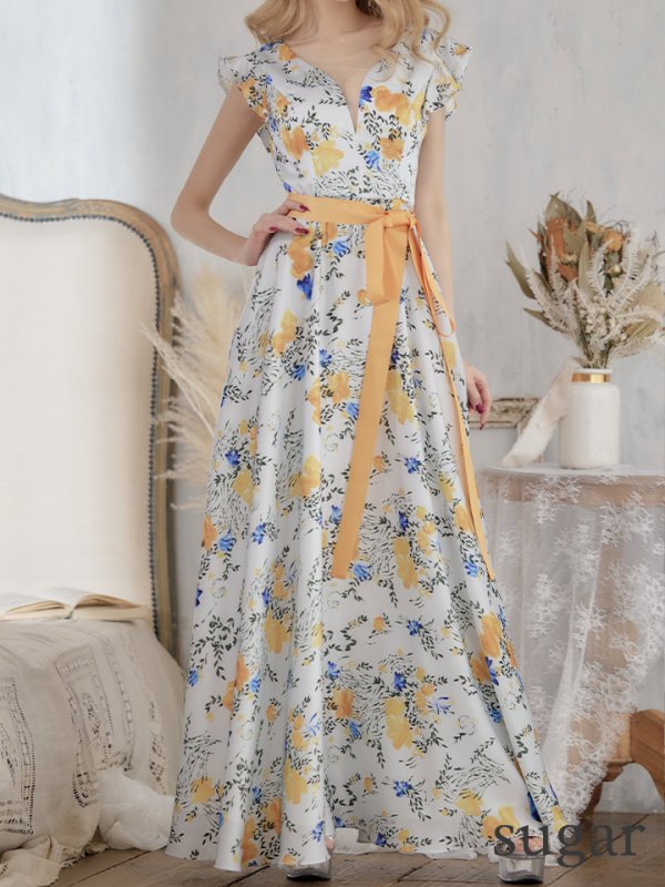 画像8: XS-Lサイズあり【ERUKEI エルケイ】ワンピース/ フラワープリント/ フリル/ リボンベルト/ Aライン/ マキシ丈/ キャバドレス[OF2]