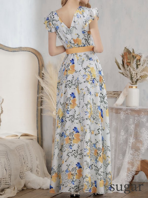 画像9: XS-Lサイズあり【ERUKEI エルケイ】ワンピース/ フラワープリント/ フリル/ リボンベルト/ Aライン/ マキシ丈/ キャバドレス[OF2]