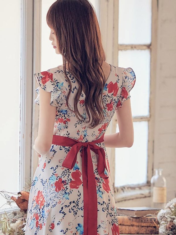 画像12: XS-Lサイズあり【ERUKEI エルケイ】ワンピース/ フラワープリント/ フリル/ リボンベルト/ Aライン/ マキシ丈/ キャバドレス[OF2]