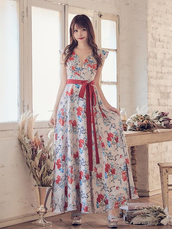 画像13: XS-Lサイズあり【ERUKEI エルケイ】ワンピース/ フラワープリント/ フリル/ リボンベルト/ Aライン/ マキシ丈/ キャバドレス[OF2]