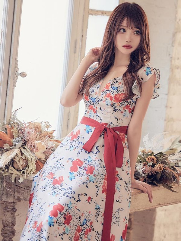画像14: XS-Lサイズあり【ERUKEI エルケイ】ワンピース/ フラワープリント/ フリル/ リボンベルト/ Aライン/ マキシ丈/ キャバドレス[OF2]