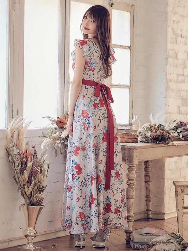 画像15: XS-Lサイズあり【ERUKEI エルケイ】ワンピース/ フラワープリント/ フリル/ リボンベルト/ Aライン/ マキシ丈/ キャバドレス[OF2]