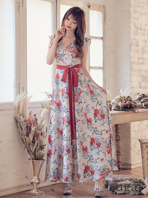 画像16: XS-Lサイズあり【ERUKEI エルケイ】ワンピース/ フラワープリント/ フリル/ リボンベルト/ Aライン/ マキシ丈/ キャバドレス[OF2]