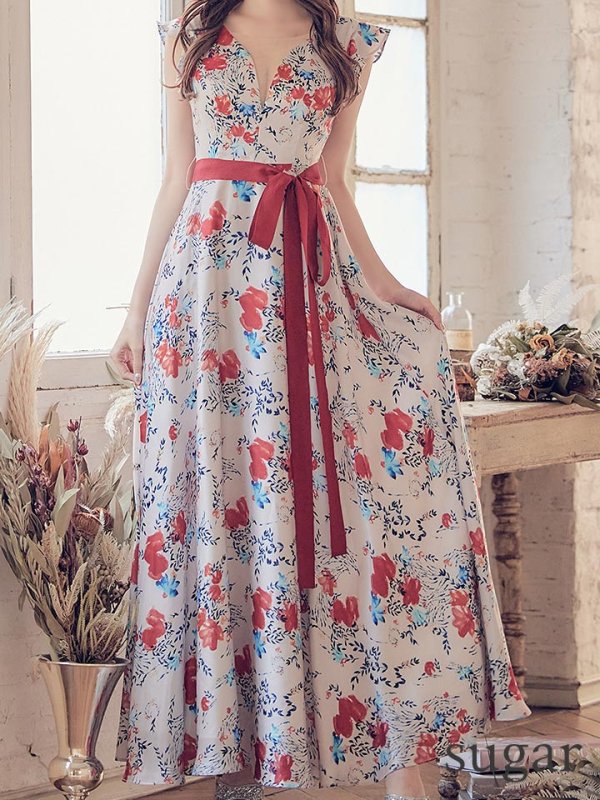 画像17: XS-Lサイズあり【ERUKEI エルケイ】ワンピース/ フラワープリント/ フリル/ リボンベルト/ Aライン/ マキシ丈/ キャバドレス[OF2]