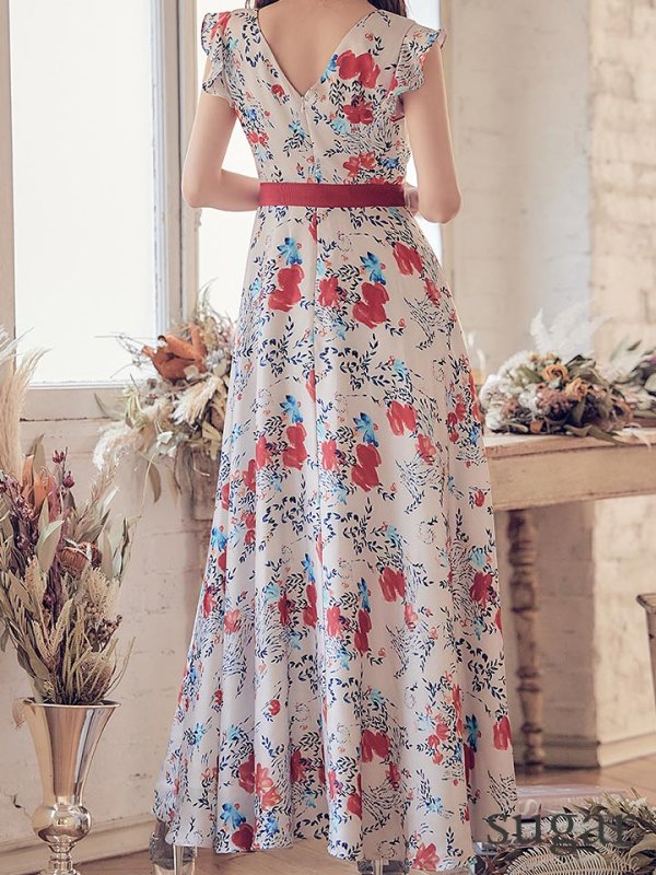 画像18: XS-Lサイズあり【ERUKEI エルケイ】ワンピース/ フラワープリント/ フリル/ リボンベルト/ Aライン/ マキシ丈/ キャバドレス[OF2]