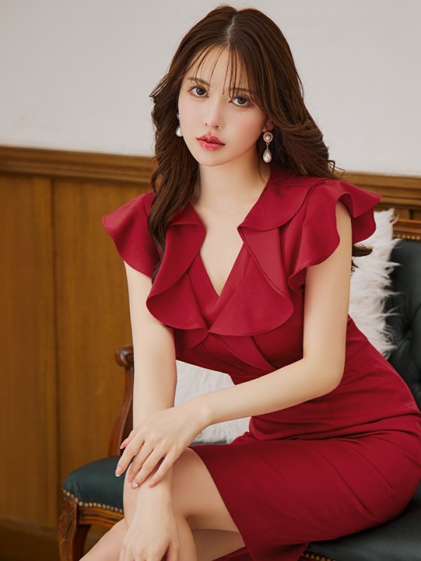 画像26: XS-Lサイズあり【ERUKEI エルケイ】ワンカラー/ Vネック/ フリル袖/ 袖あり/ ミディアム丈/ ワンピース/ タイト/キャバドレス[OF2]