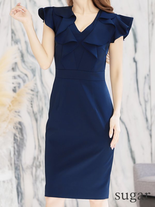 画像8: XS-Lサイズあり【ERUKEI エルケイ】ワンカラー/ Vネック/ フリル袖/ 袖あり/ ミディアム丈/ ワンピース/ タイト/キャバドレス[OF2]