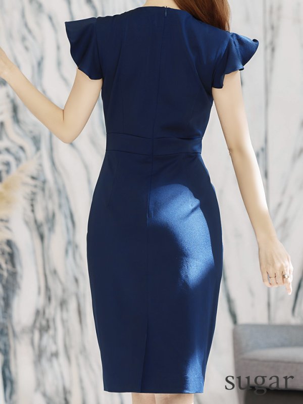 画像9: XS-Lサイズあり【ERUKEI エルケイ】ワンカラー/ Vネック/ フリル袖/ 袖あり/ ミディアム丈/ ワンピース/ タイト/キャバドレス[OF2]