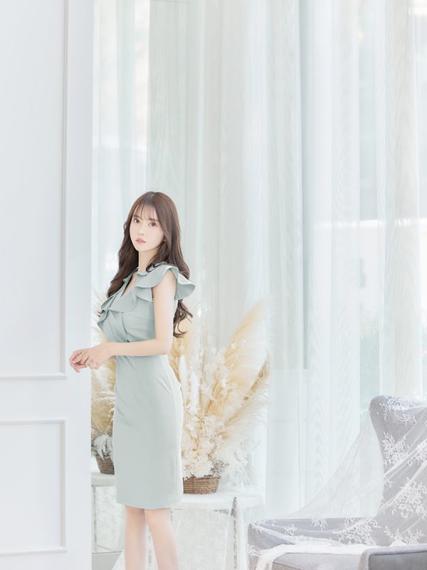 画像5: XS-Lサイズあり【ERUKEI エルケイ】ワンカラー/ Vネック/ フリル袖/ 袖あり/ ミディアム丈/ ワンピース/ タイト/キャバドレス[OF2]