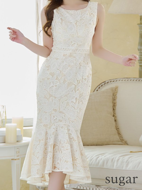 画像8: XS-Lサイズあり【ERUKEI エルケイ】フラワーレース/ ボートネック/ ノースリーブ/ ひざ丈/ マーメイド/ ワンピース/ ミディアムドレス/ キャバドレス[OF2]