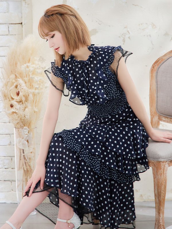 画像21: 【ERUKEI エルケイ】ドット/ 膝丈/ ワンピース/マキシ/フリルデザイン/ キャバドレス[OF2]