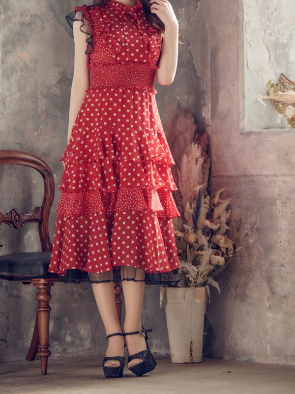 画像8: 【ERUKEI エルケイ】ドット/ 膝丈/ ワンピース/マキシ/フリルデザイン/ キャバドレス[OF2]