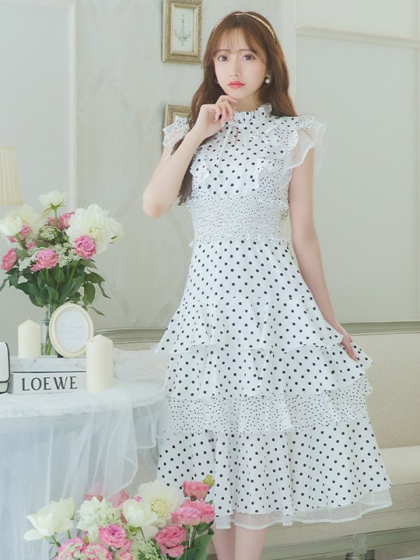 画像42: 【ERUKEI エルケイ】ドット/ 膝丈/ ワンピース/マキシ/フリルデザイン/ キャバドレス[OF2]