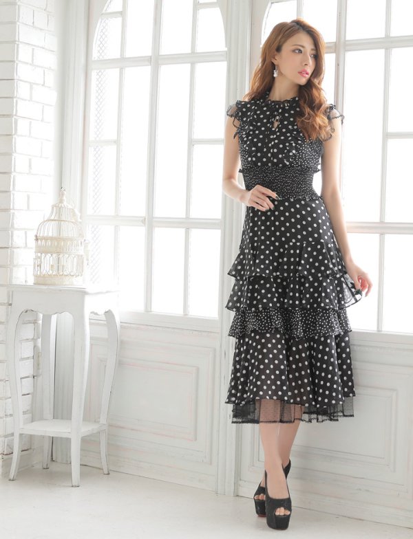 画像3: 【ERUKEI エルケイ】ドット/ 膝丈/ / ワンピース/マキシ/フリルデザイン/ キャバドレス[OF2]