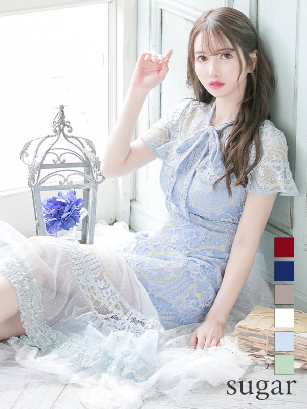 XS-Lサイズあり【SETTAN/セッタン】フラワーレース/ リボンネック/ フリル/ マキシ丈/ワンピース/ミニドレス/ キャバドレス[OF2]　ブルー