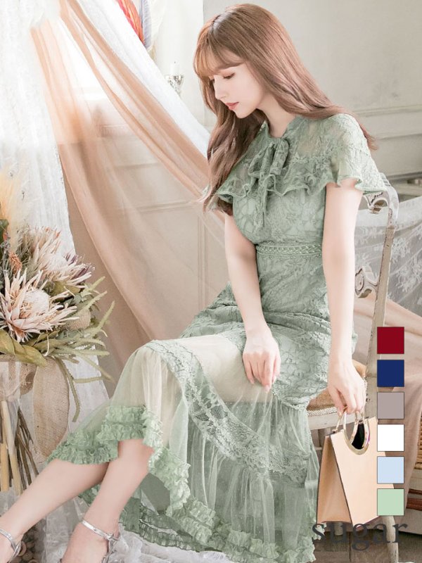 XS-Lサイズあり【SETTAN/セッタン】フラワーレース/ リボンネック/ フリル/ マキシ丈/ワンピース/ミニドレス/ キャバドレス[OF2]　グリーン