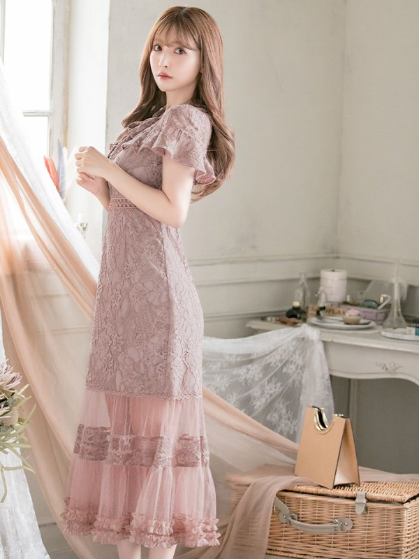 画像2: XS-Lサイズあり【SETTAN/セッタン】フラワーレース/ リボンネック/ フリル/ マキシ丈/ワンピース/ミニドレス/ キャバドレス[OF2]