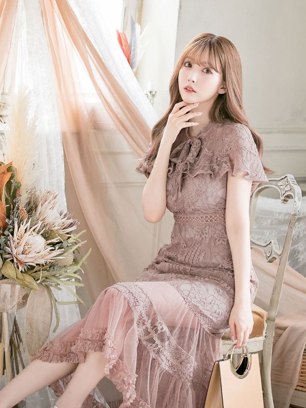 画像19: XS-Lサイズあり【SETTAN/セッタン】フラワーレース/ リボンネック/ フリル/ マキシ丈/ワンピース/ミニドレス/ キャバドレス[OF2]