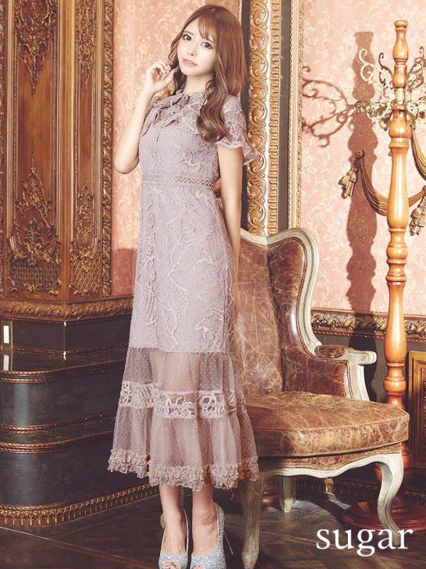 画像7: XS-Lサイズあり【SETTAN/セッタン】フラワーレース/ リボンネック/ フリル/ マキシ丈/ワンピース/ミニドレス/ キャバドレス[OF2]