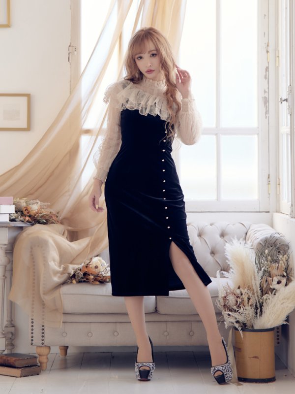 画像7: XS-Lサイズあり【SETTAN/セッタン】レース/ ドット柄/ ロングスリーブ/ 長袖/ 袖あり/ 膝丈スカート/ ミディアム丈/ ワンピース/ キャバドレス[OF2]